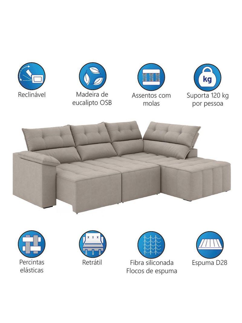 Sofá De Canto Retrátil E Reclinável 4 Lugares Santorini Veludo Luizzi Cappuccino