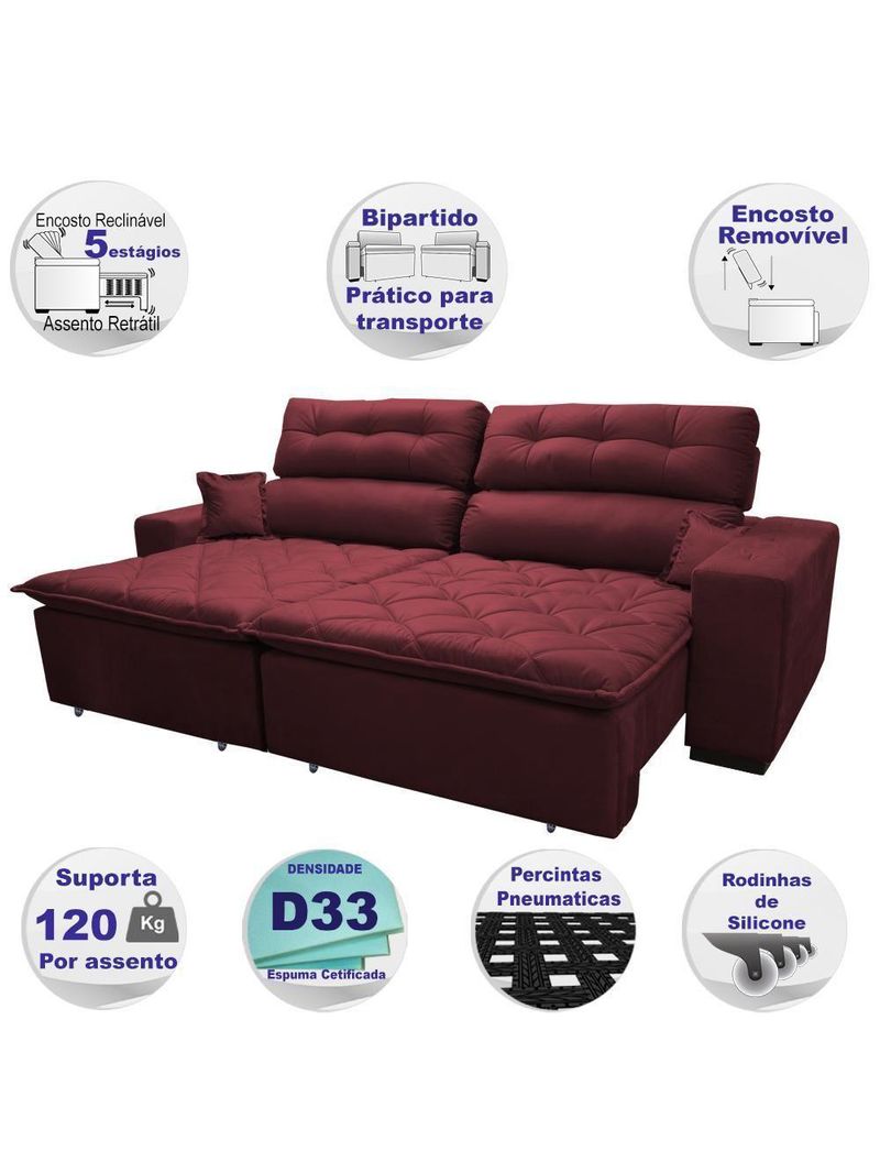 Sofá 2,92m Retrátil E Reclinável Com Molas Cama Inbox Confort Tecido Suede Velusoft Vinho