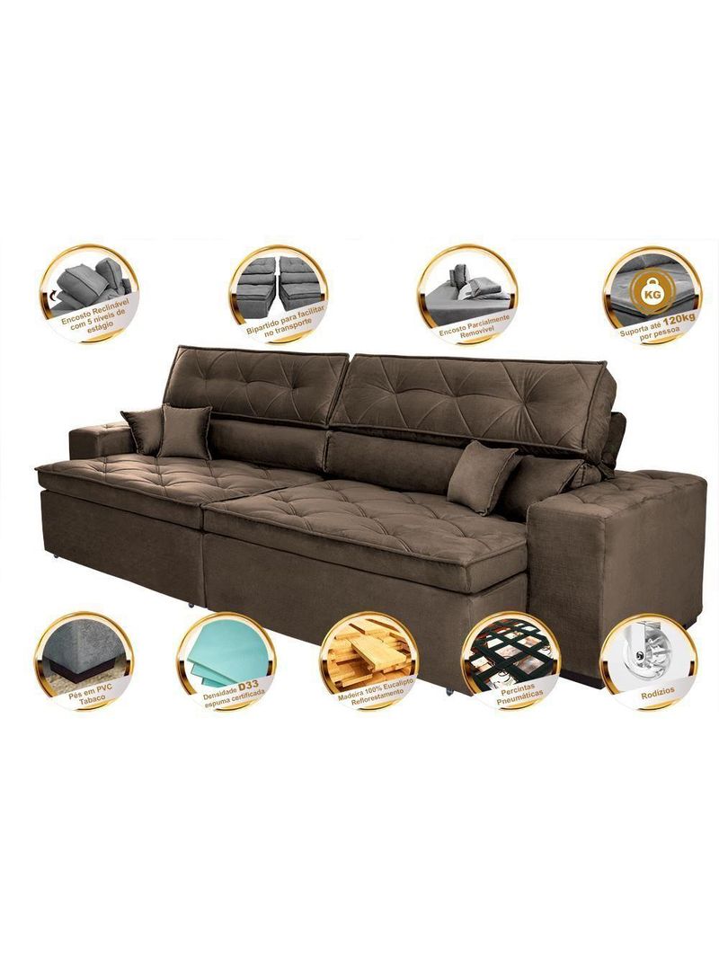 Sofá Retrátil E Reclinável 3,12m Com Molas Cama Inbox Estilo Suede Velusoft Café