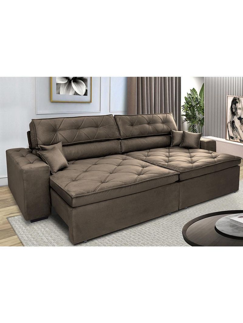 Sofá Retrátil E Reclinável 3,12m Com Molas Cama Inbox Estilo Suede Velusoft Café