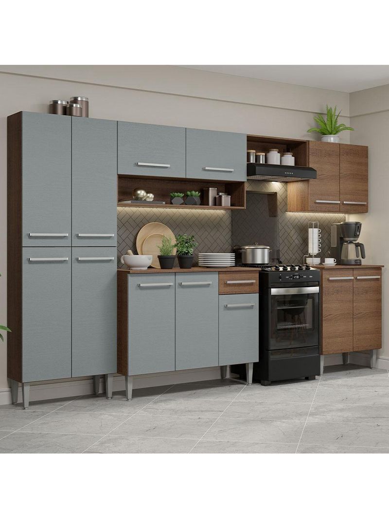 Armário De Cozinha Com Balcão E Paneleiro Rustic/Cinza