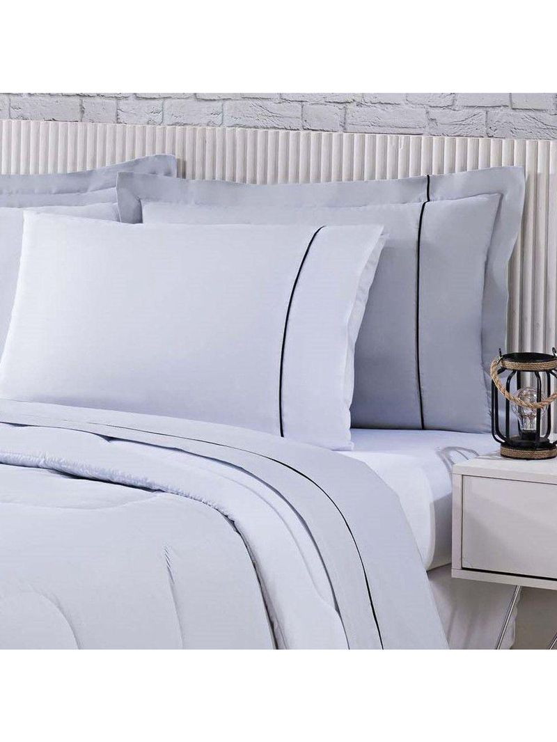 Kit Edredom 100% Algodão Percal 150 Fios Dupla Face Queen + Jogo De Cama Gran Moratta 7 Peças - Cinza/Branco