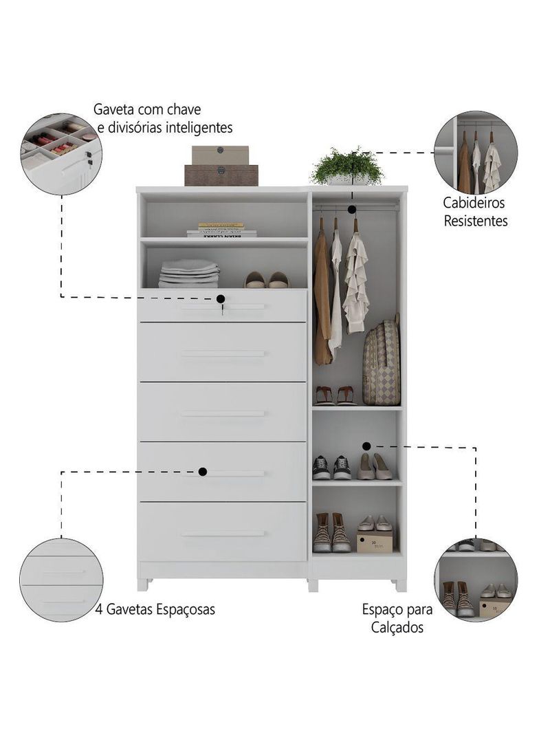 Cômoda Com Sapateira E Cabideiro Multiuso 5 Gavetas 1 Porta Imperial Zanzini Branco