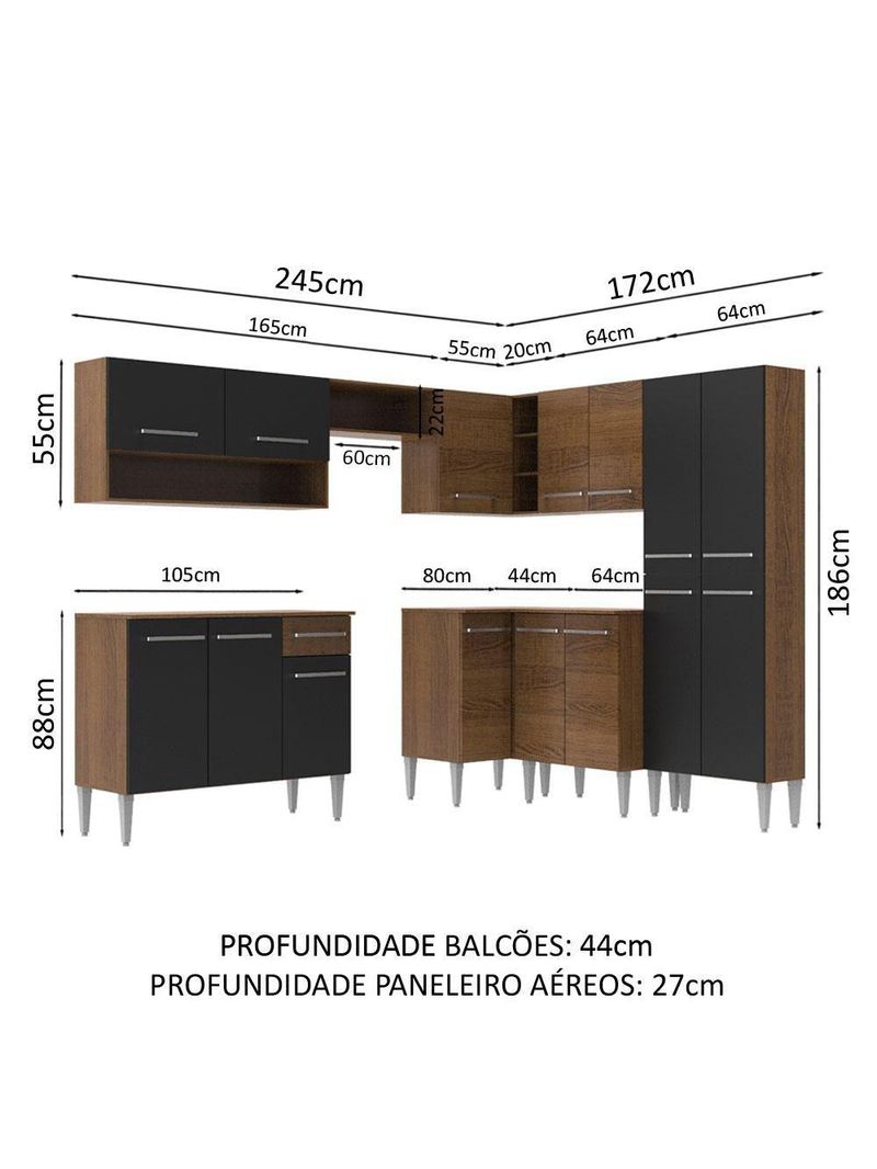 Armário de Cozinha de Canto Emilly com Balcão e Adega Preto