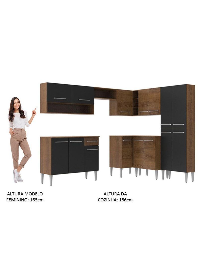 Armário de Cozinha de Canto Emilly com Balcão e Adega Preto