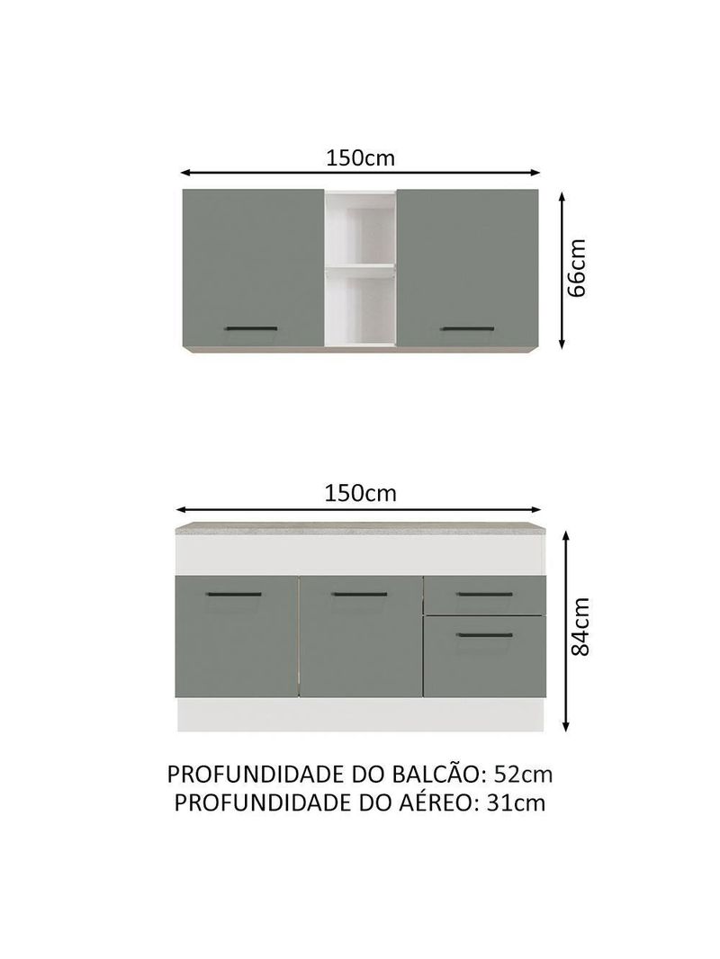 Cozinha Compacta Madesa Ágata 150001 com Armário e Balcão (com Tampo) – Branco/Cinza