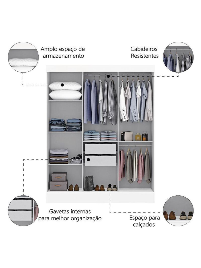 Guarda Roupas Casal com Espelho 3 Portas de Correr 2 Gavetas Mônaco – Maxel Branco