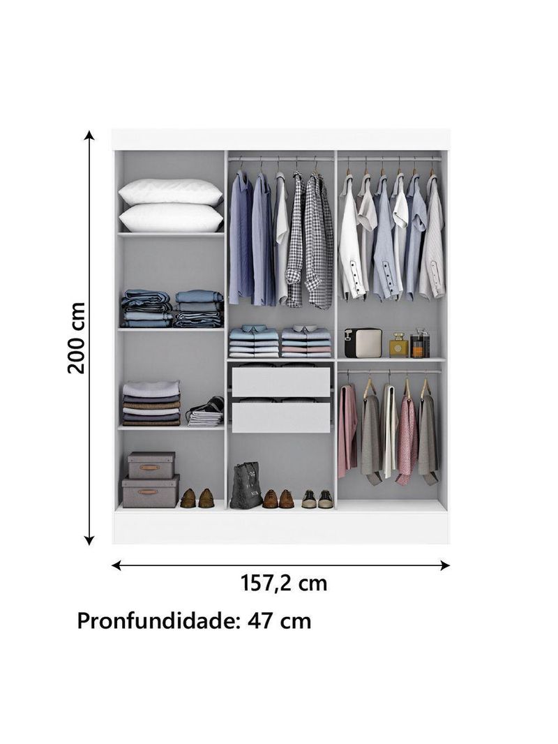 Guarda Roupas Casal com Espelho 3 Portas de Correr 2 Gavetas Mônaco – Maxel Branco