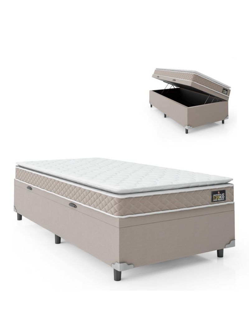 Cama Box Baú Solteiro Colchão D33 Pillow Top Millenium 88x188x57cm Bege Suporta Até 100kg Por Pessoa