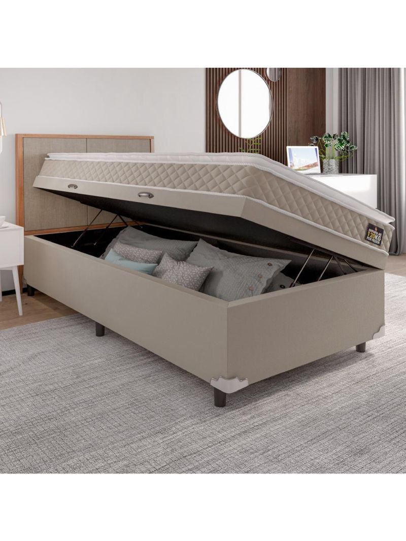 Cama Box Baú Solteiro Colchão D33 Pillow Top Millenium 88x188x57cm Bege Suporta Até 100kg Por Pessoa