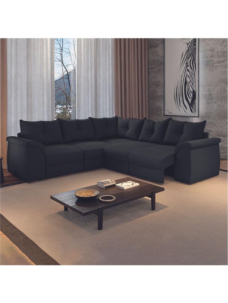 Sofá De Canto 5 Lugares Retrátil Qatar Suede Preto Preto