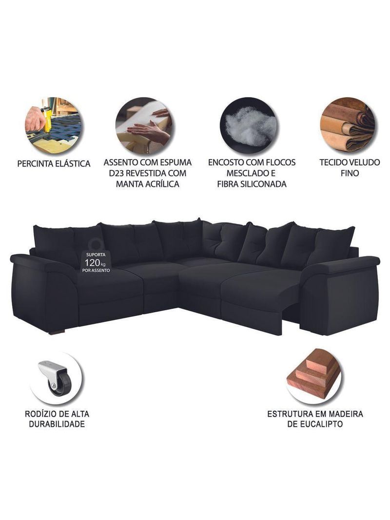 Sofá De Canto 5 Lugares Retrátil Qatar Suede Preto Preto