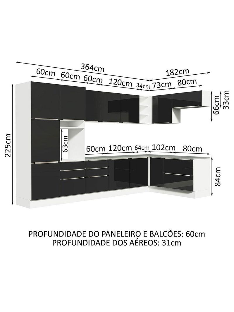 Armário De Cozinha Completa De Canto 546cm Branco preto