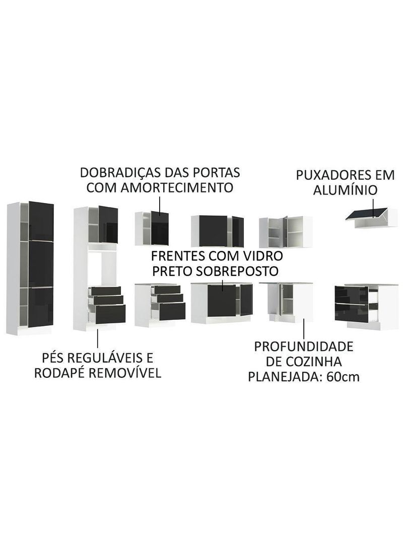 Armário De Cozinha Completa De Canto 546cm Branco preto
