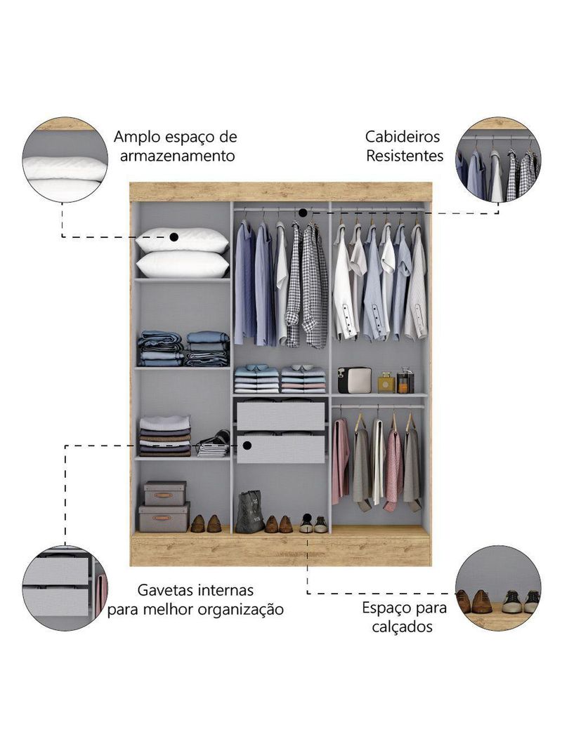 Guarda Roupas Casal com Espelho 3 Portas de Correr 2 Gavetas Mônaco Maxel Madeirado