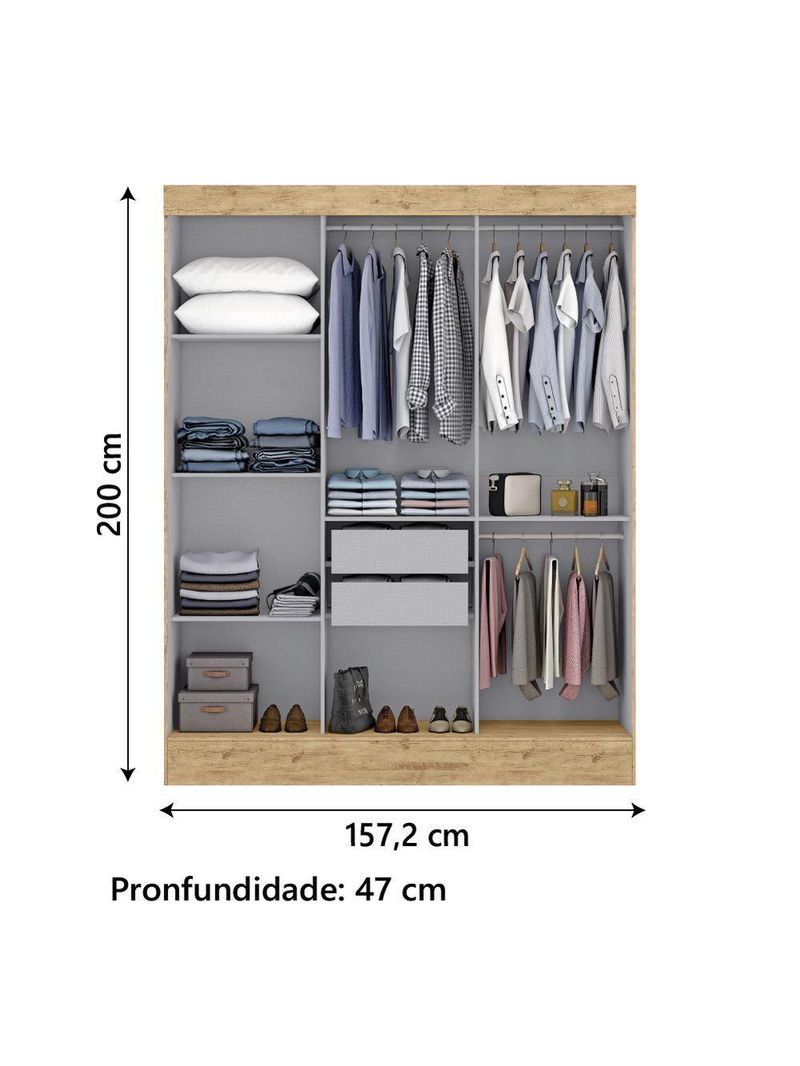 Guarda Roupas Casal com Espelho 3 Portas de Correr 2 Gavetas Mônaco Maxel Madeirado