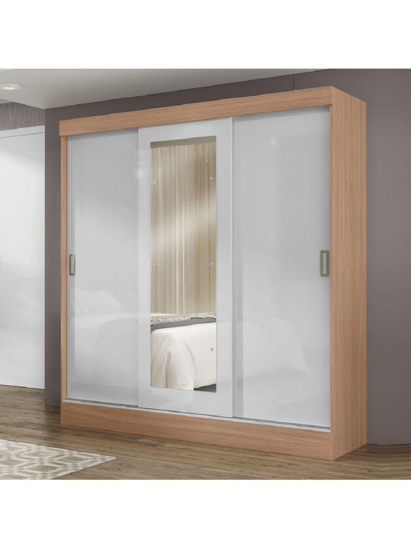 Guarda Roupas Casal com Espelho 3 Portas de Correr 2 Gavetas Mônaco Maxel Madeirado