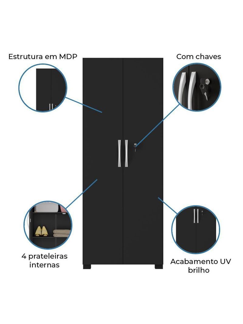Armário Multiuso Com Chave 2 Portas Chicago Notável Preto Preto