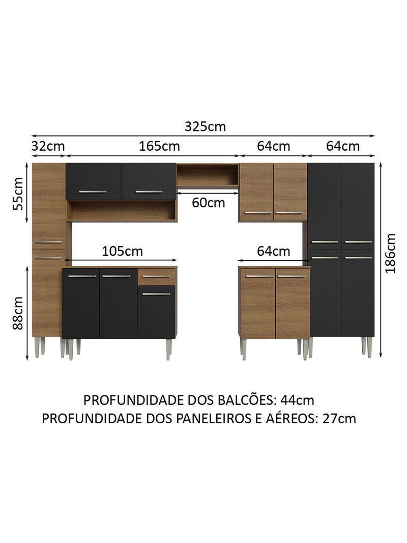 Armário De Cozinha Completa 325cm Rustic/preto/rustic Madesa