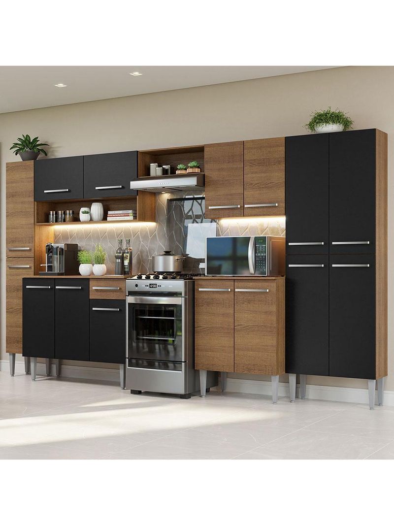 Armário De Cozinha Completa 325cm Rustic/preto/rustic Madesa