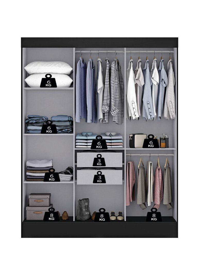 Guarda Roupas Casal com Espelho 3 Portas de Correr 2 Gavetas Mônaco Maxel Preto