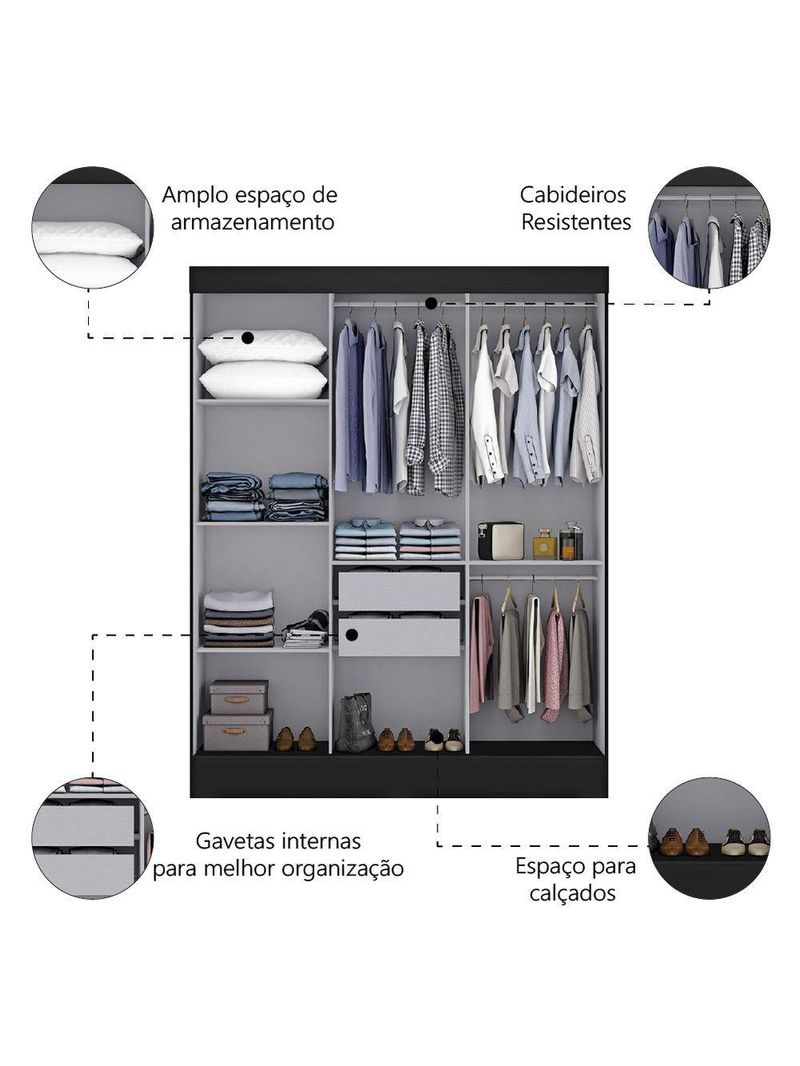 Guarda Roupas Casal com Espelho 3 Portas de Correr 2 Gavetas Mônaco Maxel Preto