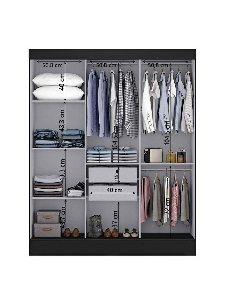 Guarda Roupas Casal com Espelho 3 Portas de Correr 2 Gavetas Mônaco Maxel Preto