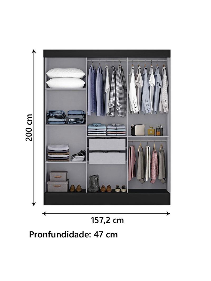 Guarda Roupas Casal com Espelho 3 Portas de Correr 2 Gavetas Mônaco Maxel Preto