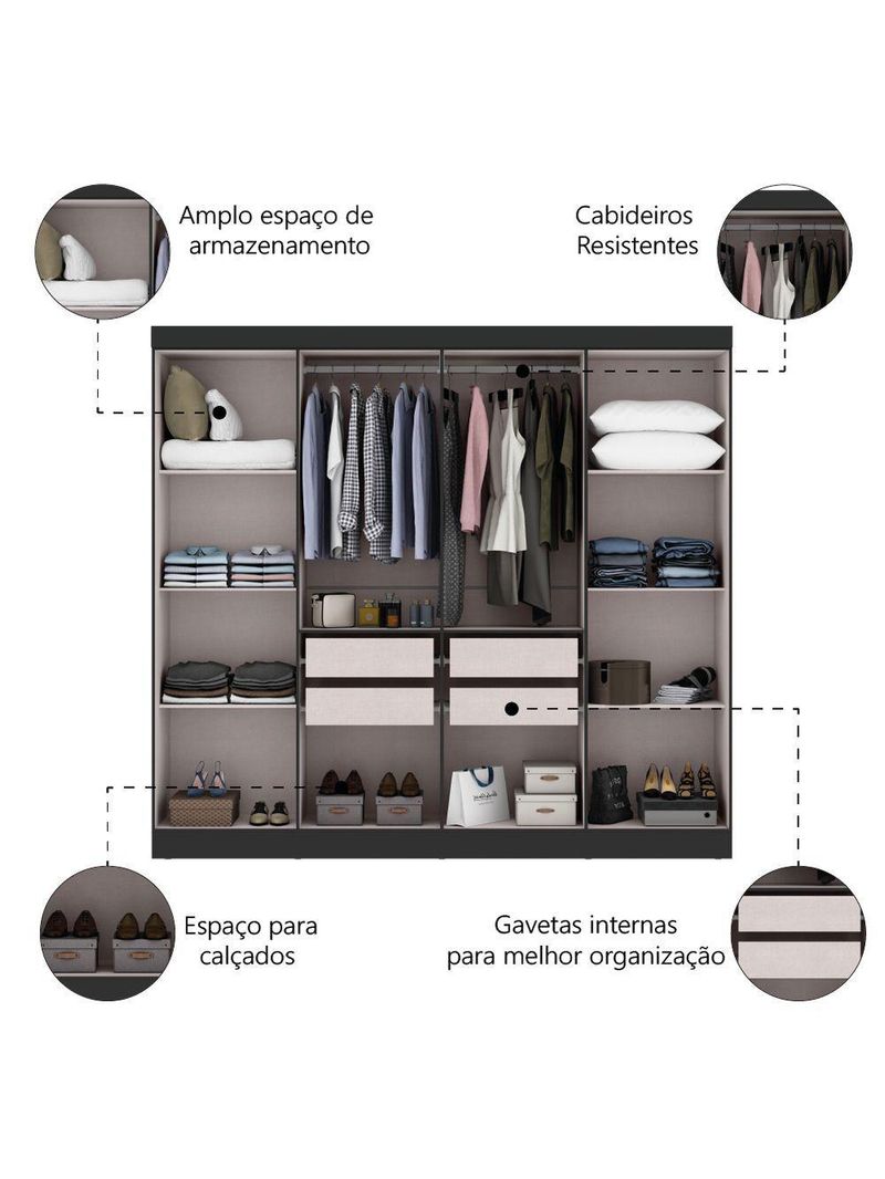 Guarda Roupas Casal 8 Portas 4 Gavetas Prime Preto Maxel Preto