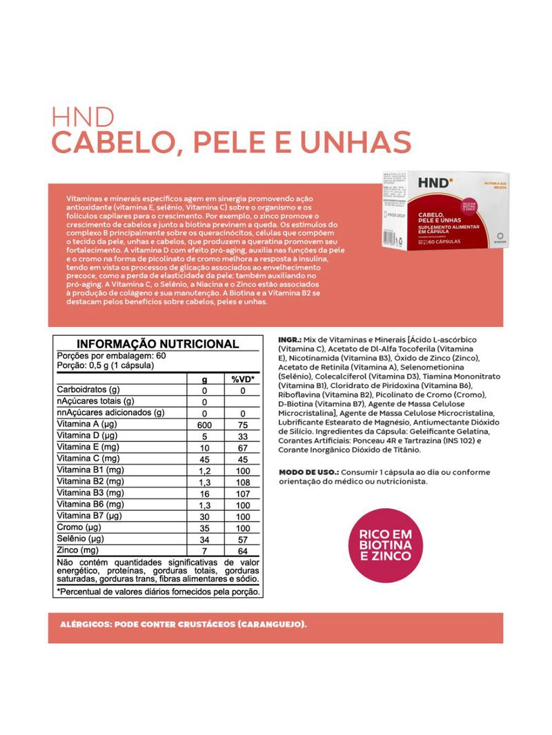 Suplemento Alimentar para Cabelo, Pele e Unhas HND 60 Cápsulas