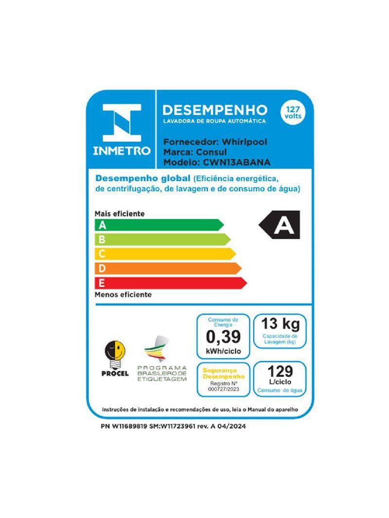 Lavadora De Roupas Modo Eco Consul 13 KG 127V Branca CWN13AB