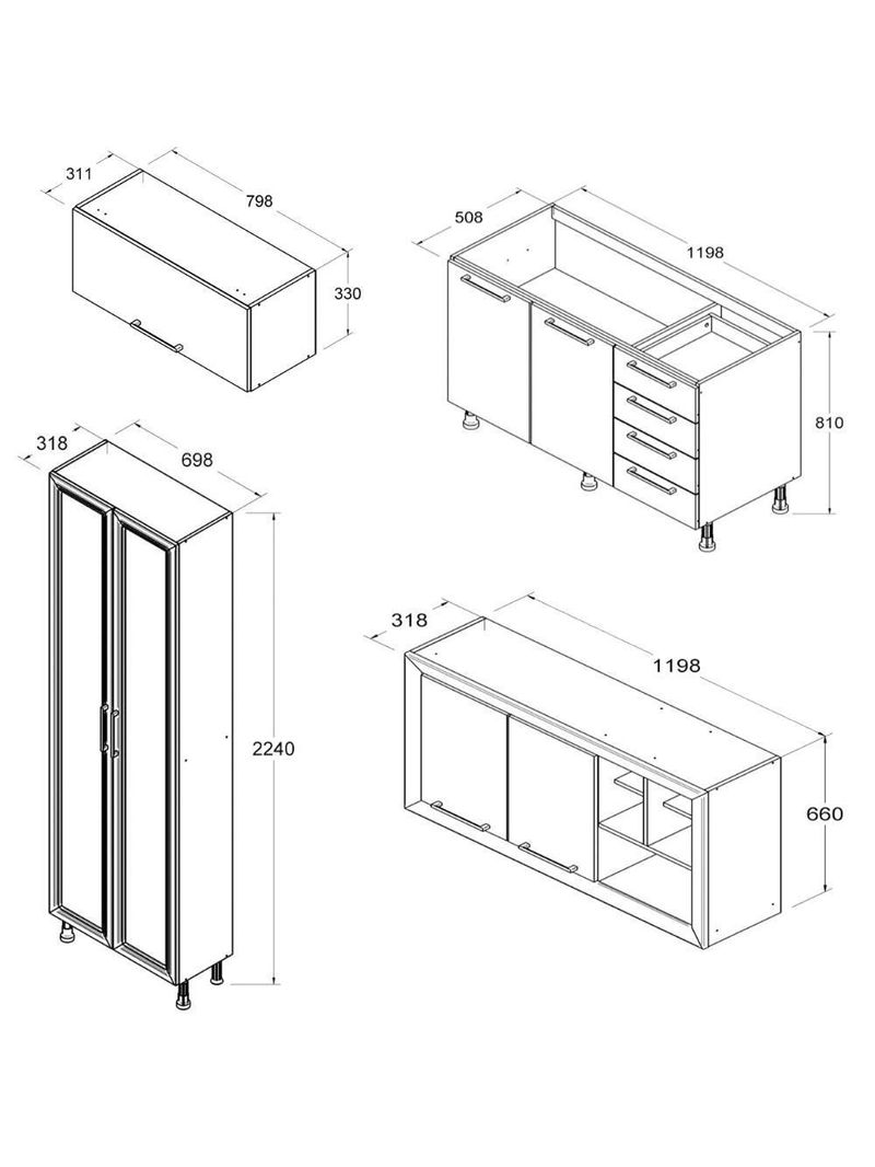 Armario Cozinha Completo Ditália Aspen 4pc S/tampo Cv/br A48