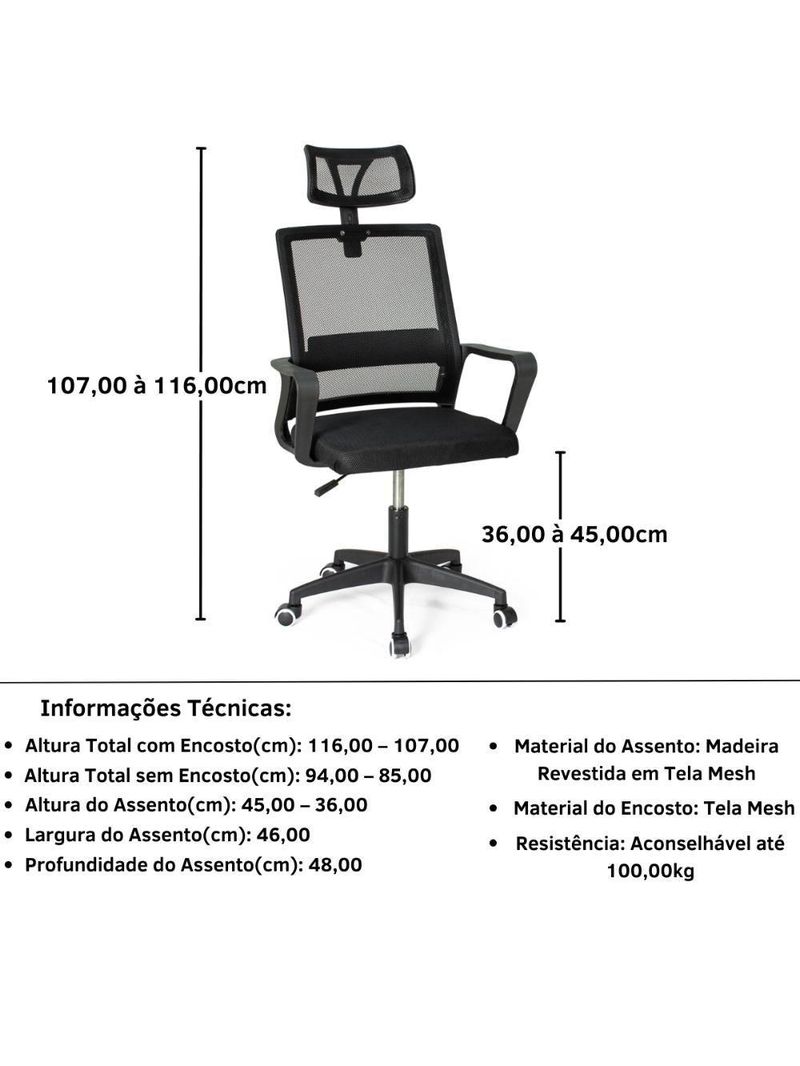 Cadeira de Escritório Giratória Executiva Pro – Regulagem de Altura | Preto