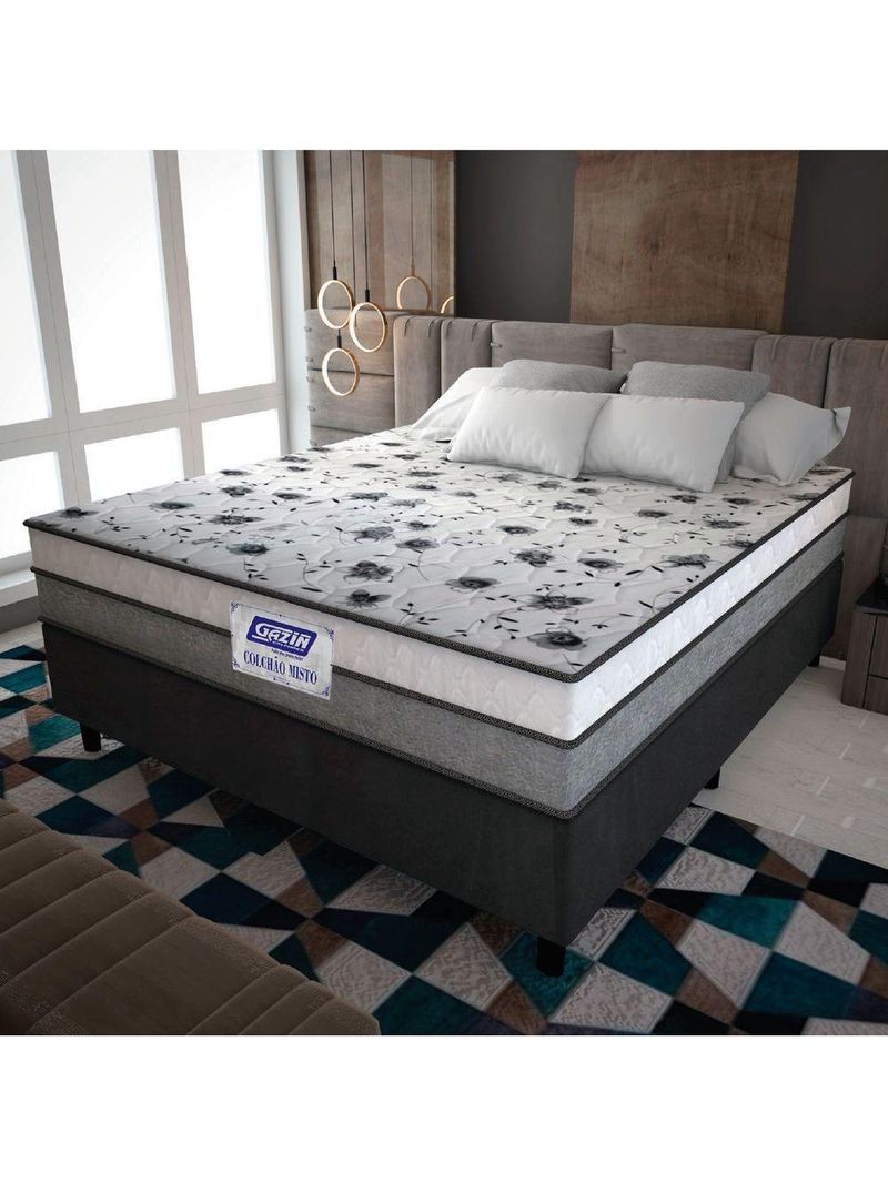 Cama Box Casal Colchão Espuma D33 Fort 138x188x59cm Gazin  Cinza/Branco