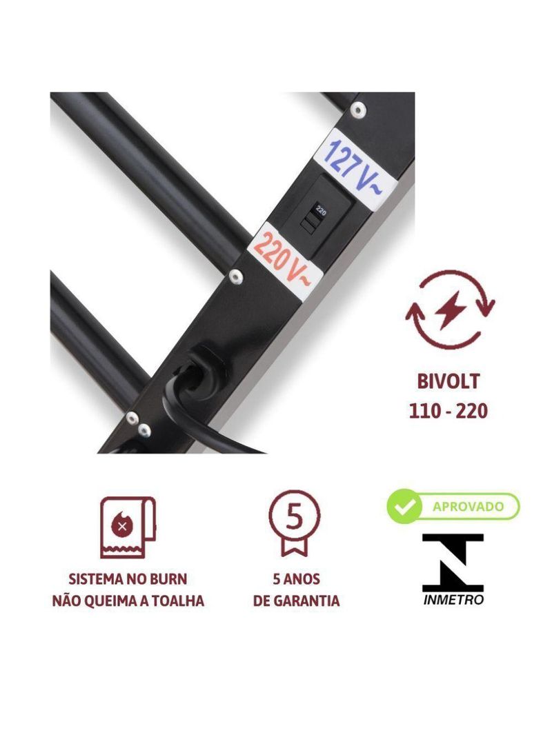 Toalheiro Térmico 2 Toalhas Com Fio Lado Esquerdo Classic Duo02b Aiello Toalheiro Duplo Preto Bivolt