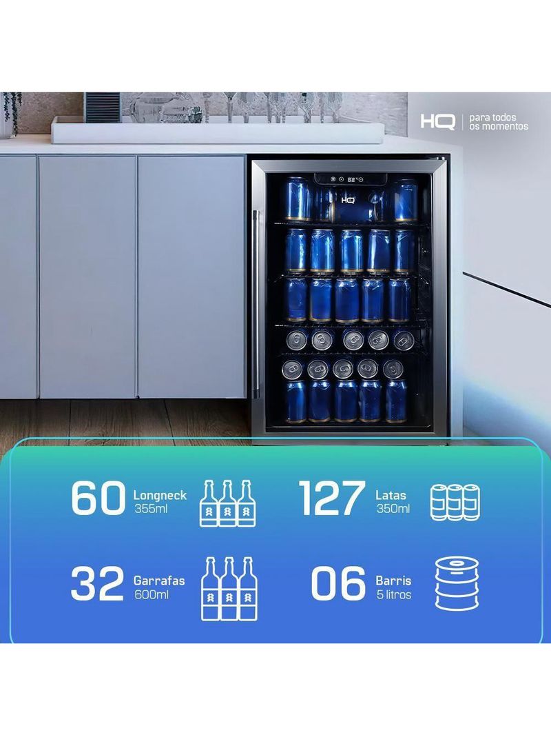 Cervejeira Expositor Vertical HQ Vidro Duplo 125 Litros Preta E Inox HQ-125CEVPV 220V