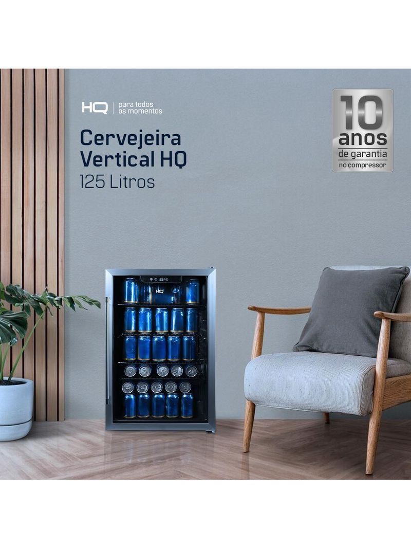 Cervejeira Expositor Vertical HQ Vidro Duplo 125 Litros Preta E Inox HQ-125CEVPV 220V