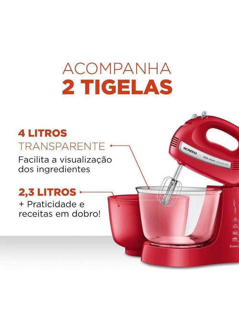 Batedeira Mondial Bella Massa Inox B-55-R – 127V – Vermelho/Inox