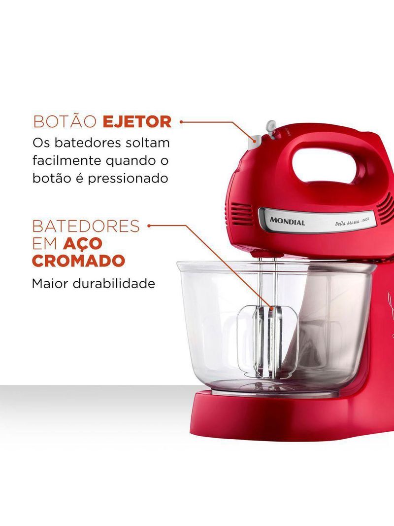 Batedeira Mondial Bella Massa Inox B-55-R – 127V – Vermelho/Inox