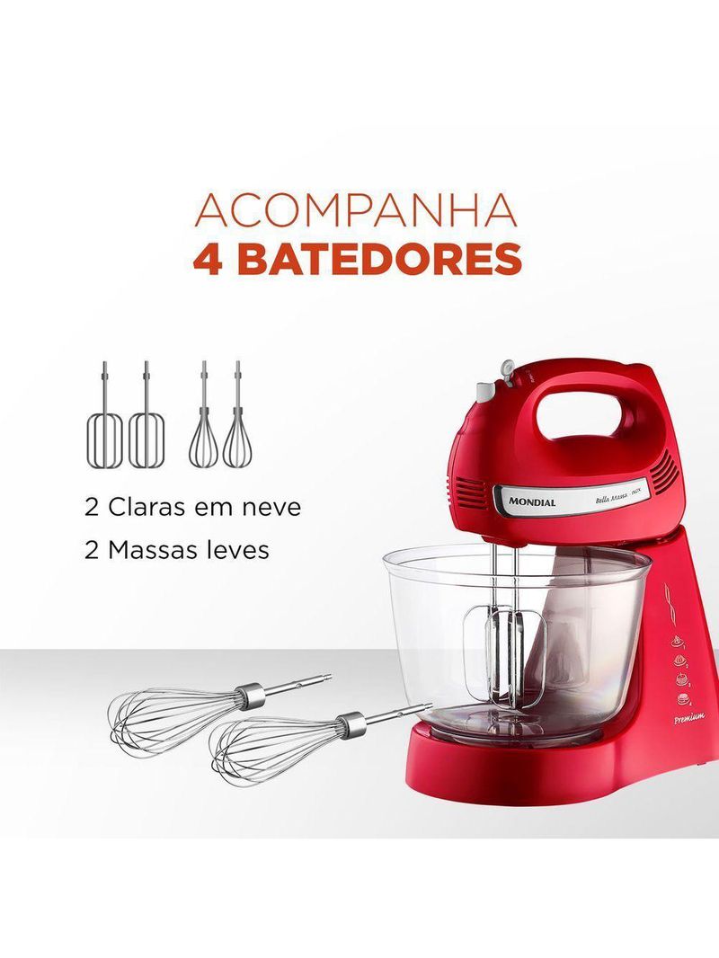 Batedeira Mondial Bella Massa Inox B-55-R – 127V – Vermelho/Inox