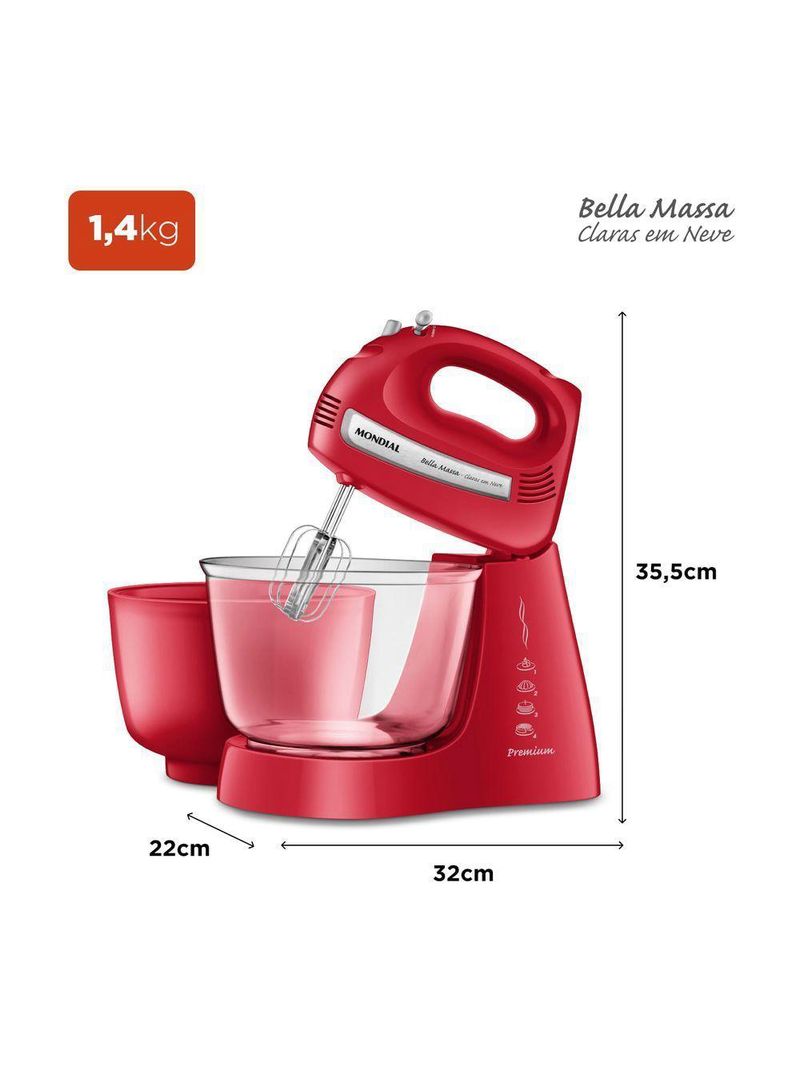 Batedeira Mondial Bella Massa Inox B-55-R – 127V – Vermelho/Inox