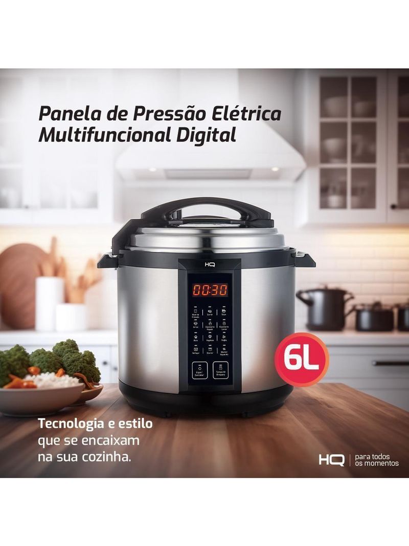 Panela De Pressão Elétrica Multifuncional Digital HQ 6L Inox HQ-Y6DI 110V