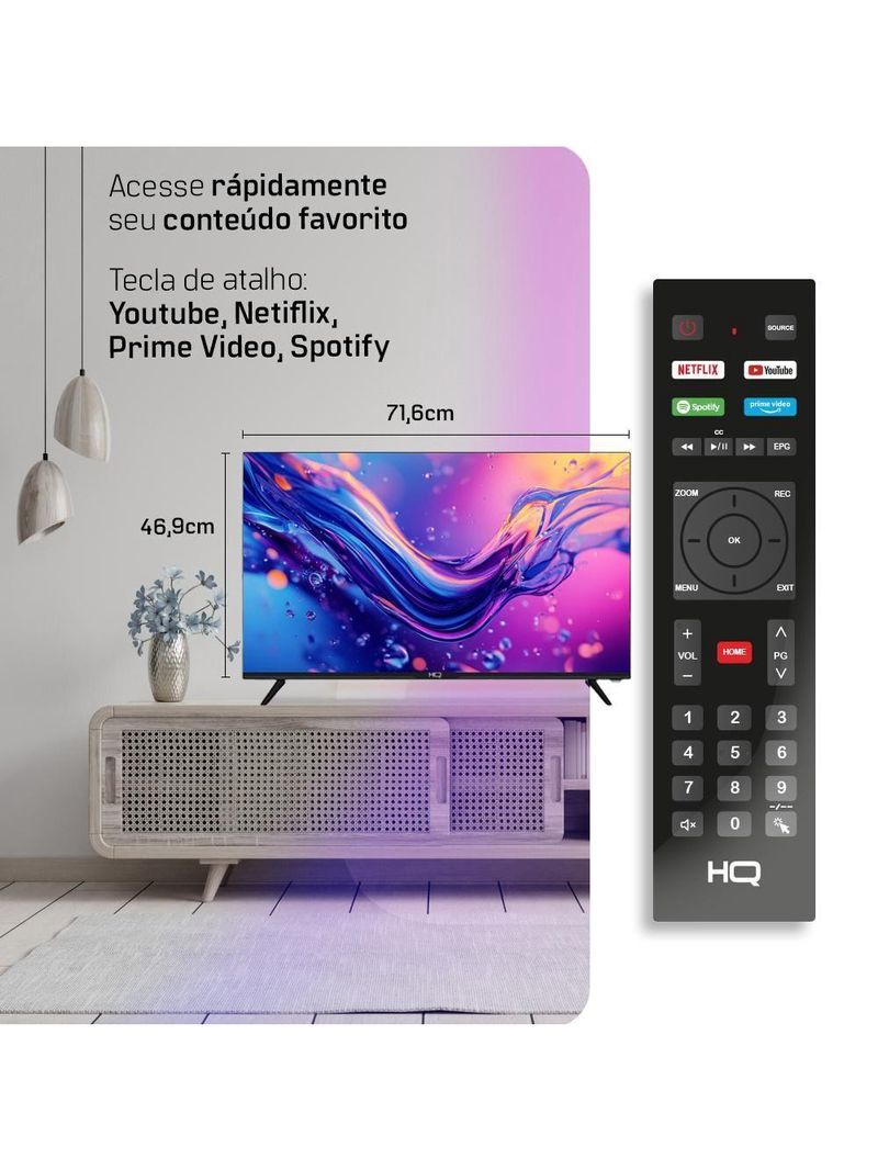 Smart Tv HQ 32 HD Tela Sem Bordas Sistema Android Design Slim HQS32NKHM Bivolt