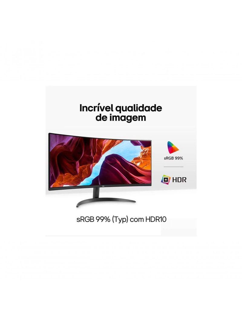 Monitor LG UltraWide Curvo Tela VA de 34” WQHD 3440 x 1440 21:9 sRGB 99% HDR10 PBP 100Hz AMD FreeSync 34WR50QC-B