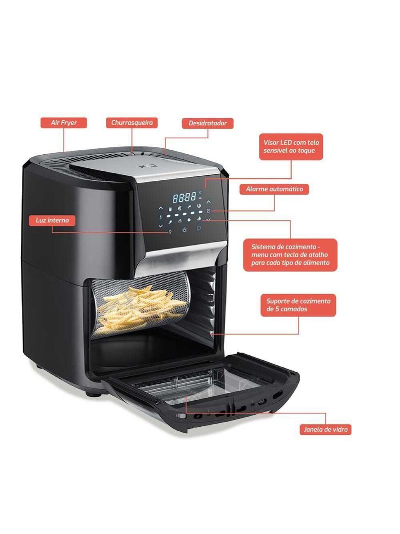 Fritadeira Elétrica Air Fryer Multifuncional Hq 12 Litros 1700w Preto Ra 015 - 220v