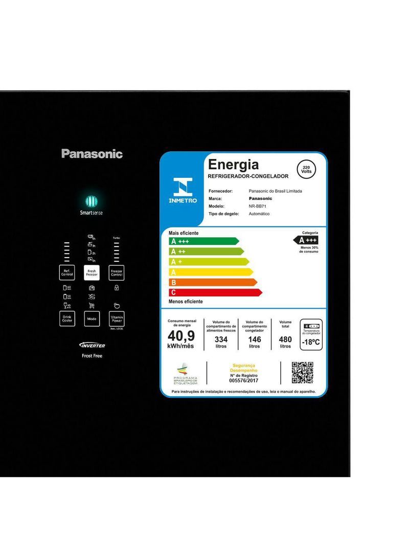 Geladeira Panasonic Frost Free 480L A+++ Black Glass NR-BB71GVFB 220V