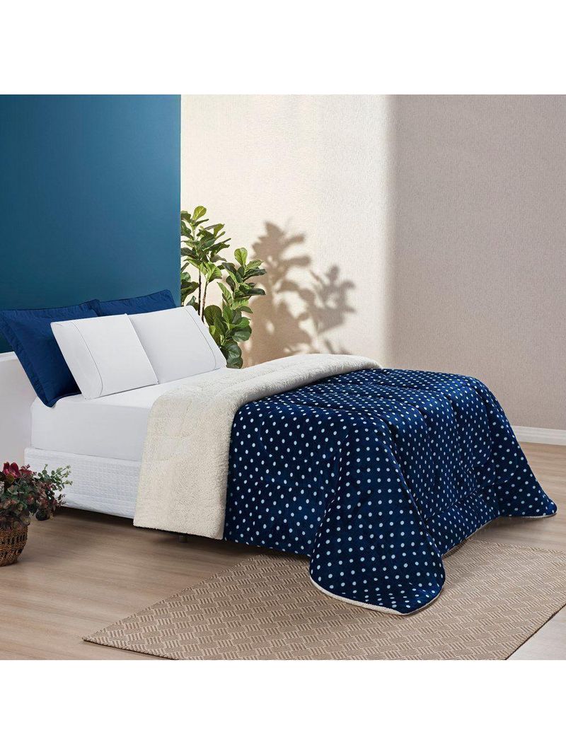 Coberdrom visual com a cor Estampado Sherpa E Flannel Petit Poá King 01 Peça Manta Alta 150g - Marinho