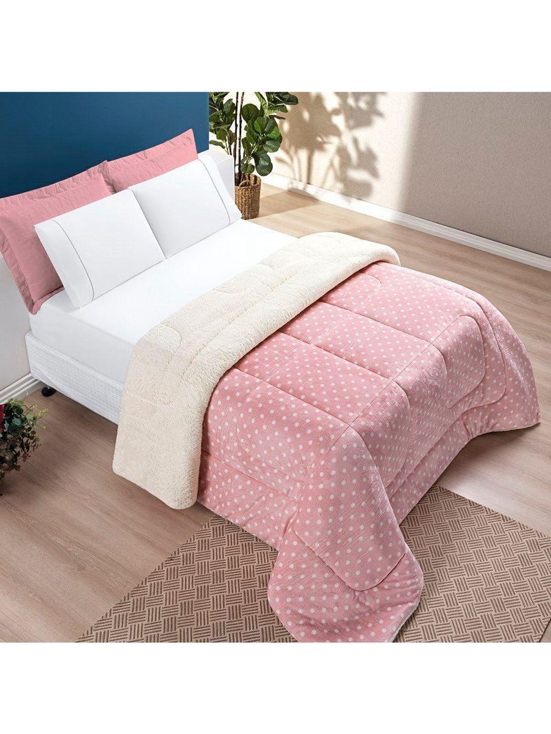 Coberdrom visual disponível na cor Estampado Sherpa E Flannel Petit Poá King 01 Peça Manta Alta 150g - Rosa