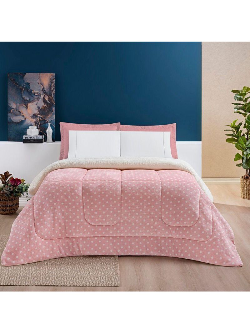 Coberdrom visual disponível na cor Estampado Sherpa E Flannel Petit Poá King 01 Peça Manta Alta 150g - Rosa