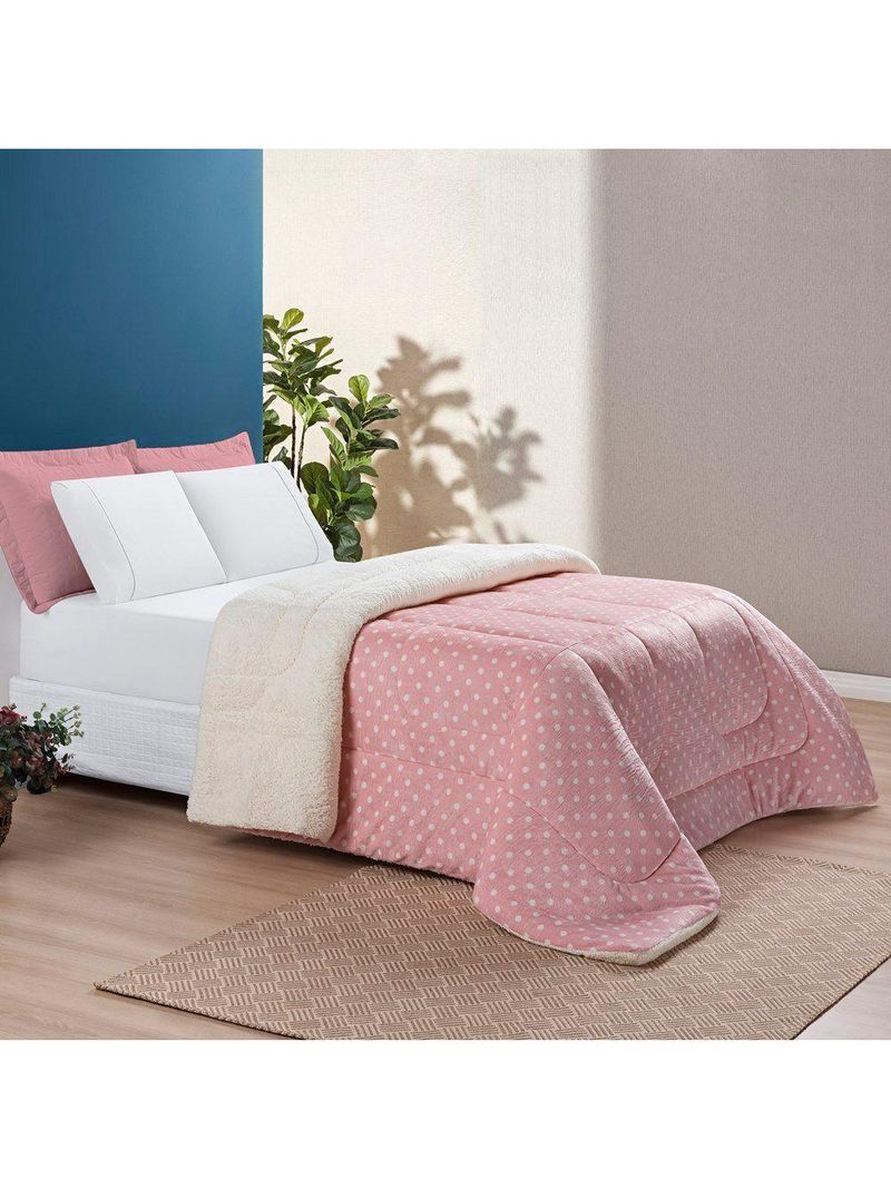 Coberdrom visual disponível na cor Estampado Sherpa E Flannel Petit Poá King 01 Peça Manta Alta 150g - Rosa